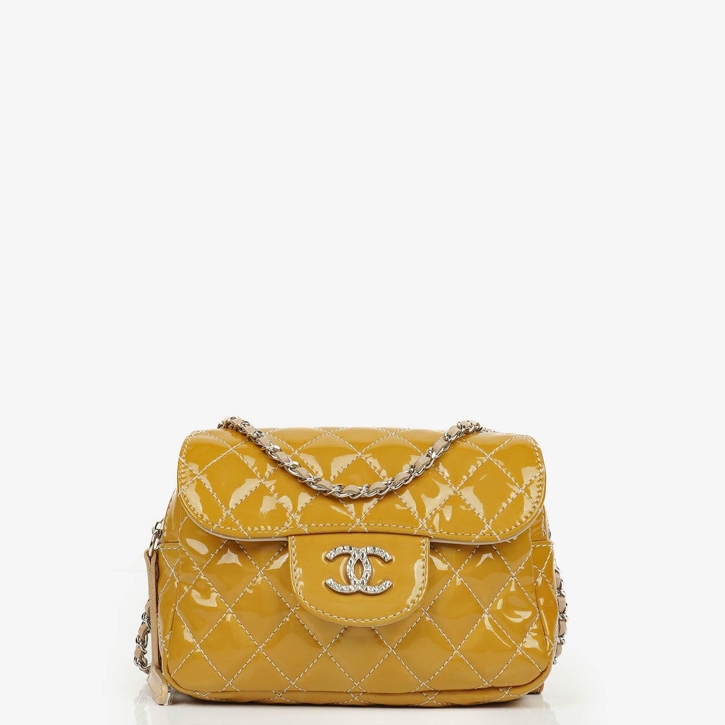 Chanel Mini rechteckige doppelseitige Klapptasche aus gestepptem Lackleder