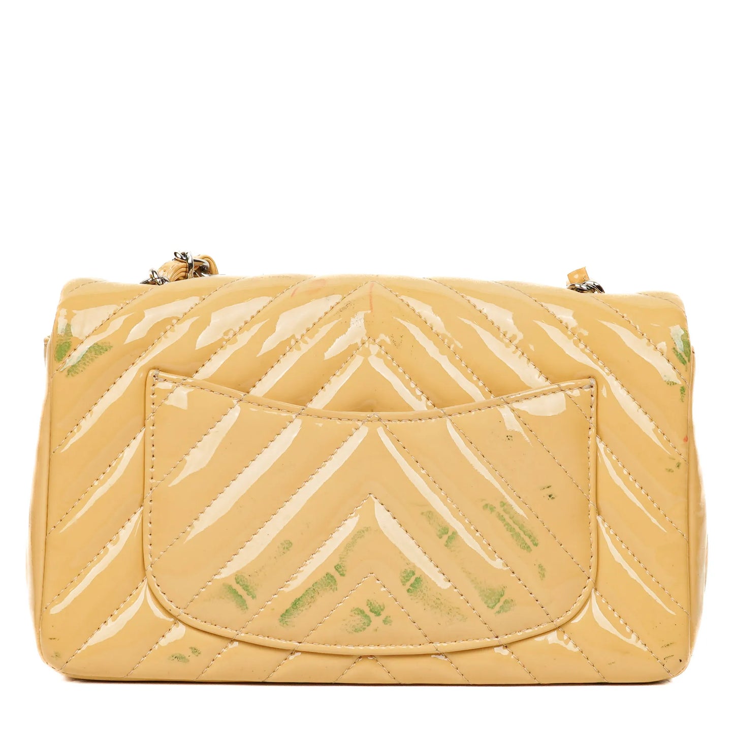 Chanel Mini Rectangular Single Flap Tasche aus Chevron-Lackleder mit silberfarbenen Beschlägen