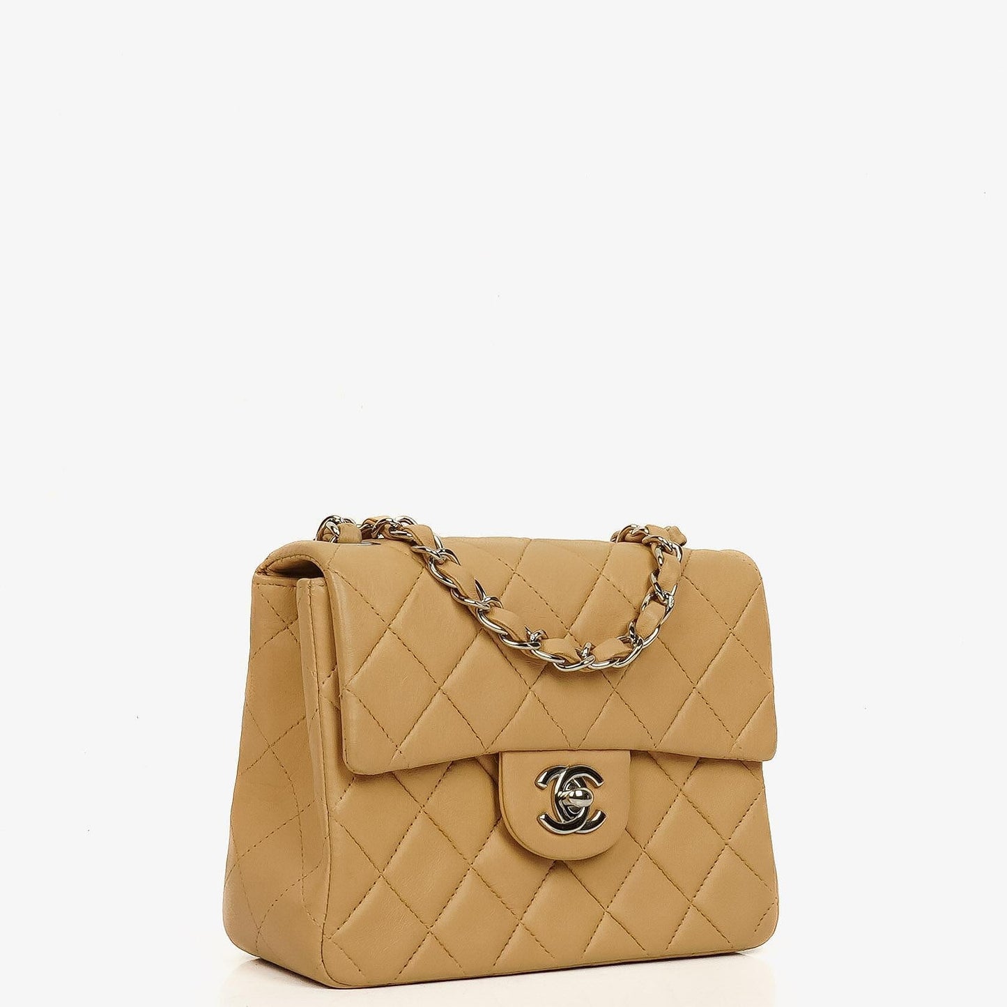 Chanel Mini Square Classic Flap Bag aus beigem gestepptem Lammleder mit silberfarbener Hardware