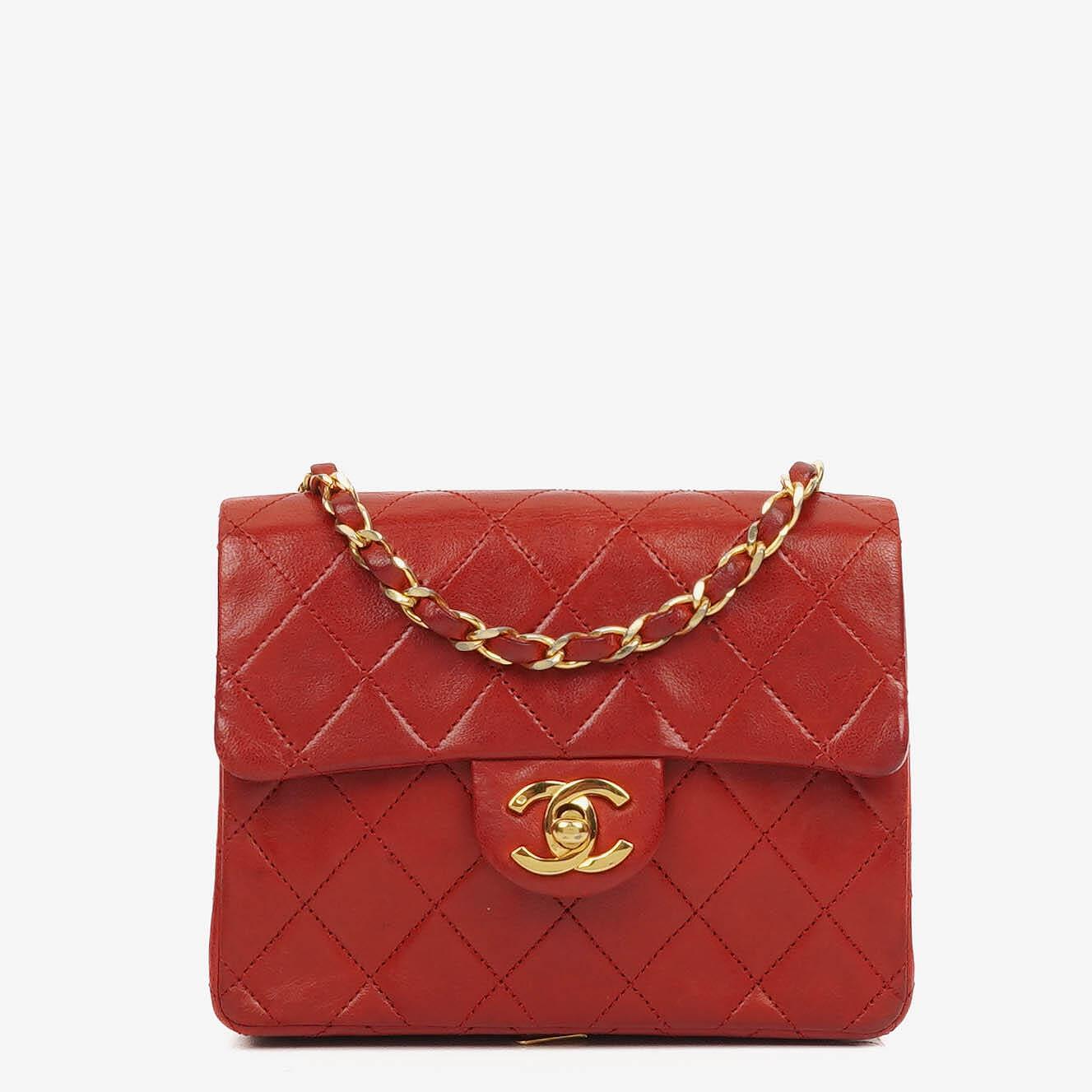 Chanel Mini Quadrat Klassische Klapptasche Rotes Gequiltetes Lammleder 24K Vergoldete Hardware