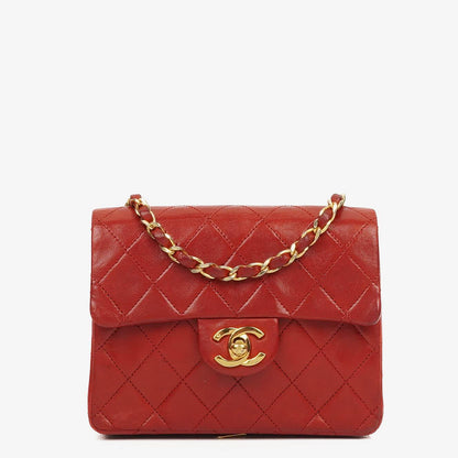 Chanel Mini Quadrat Klassische Klapptasche Rotes Gequiltetes Lammleder 24K Vergoldete Hardware