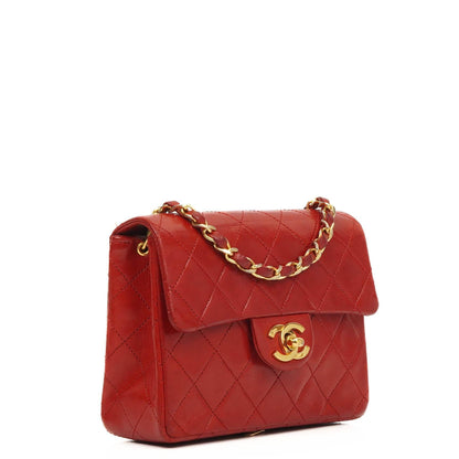 Chanel Mini Quadrat Klassische Klapptasche Rotes Gequiltetes Lammleder 24K Vergoldete Hardware