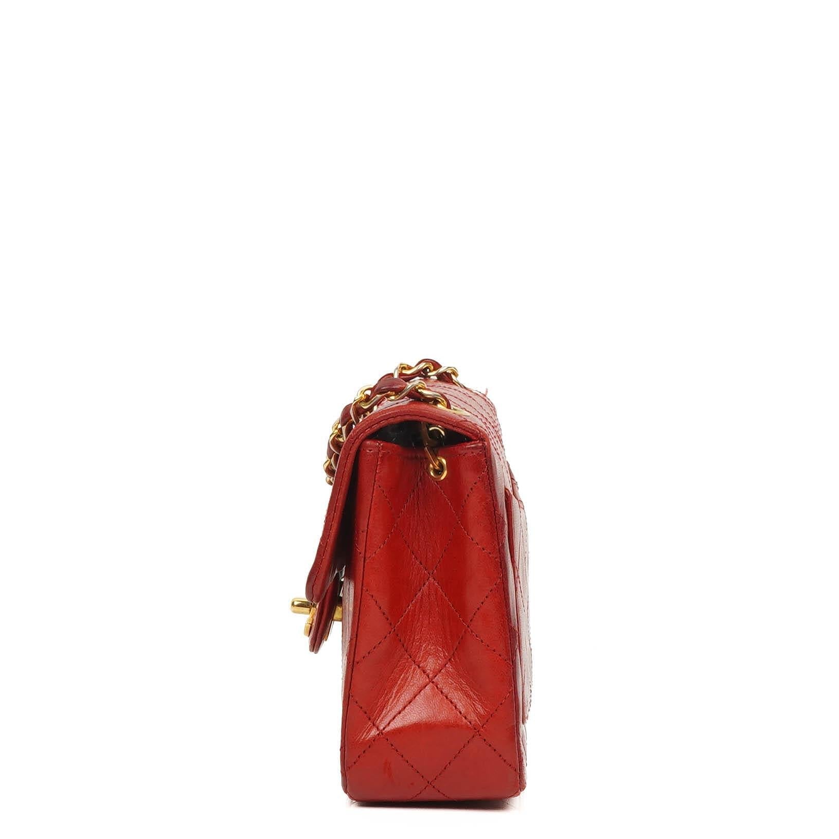 Chanel Mini Quadrat Klassische Klapptasche Rotes Gequiltetes Lammleder 24K Vergoldete Hardware