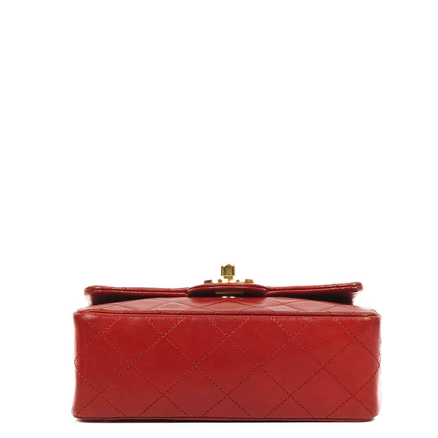 Chanel Mini Quadrat Klassische Klapptasche Rotes Gequiltetes Lammleder 24K Vergoldete Hardware