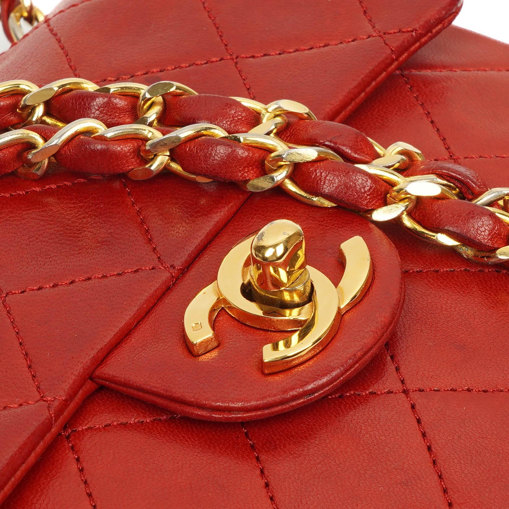 Chanel Mini Quadrat Klassische Klapptasche Rotes Gequiltetes Lammleder 24K Vergoldete Hardware