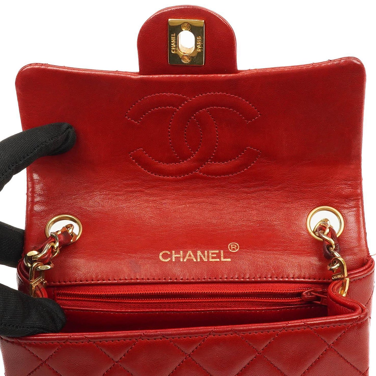 Chanel Mini Quadrat Klassische Klapptasche Rotes Gequiltetes Lammleder 24K Vergoldete Hardware