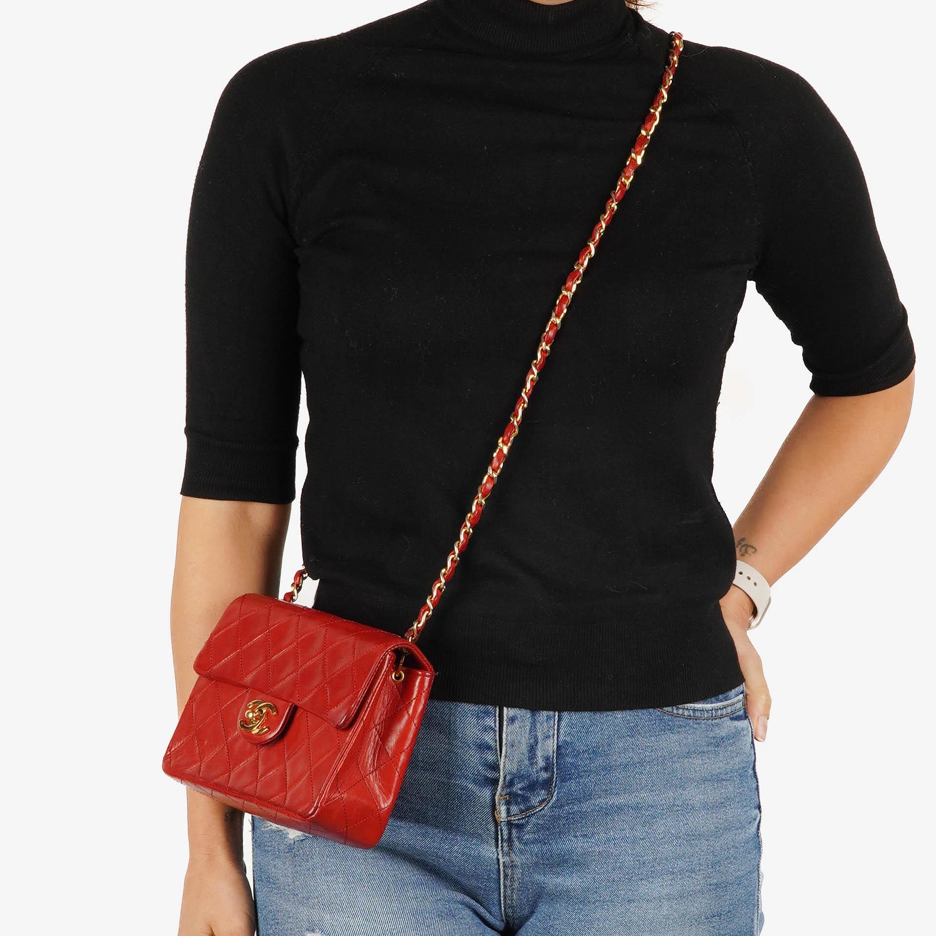 Chanel Mini Quadrat Klassische Klapptasche Rotes Gequiltetes Lammleder 24K Vergoldete Hardware
