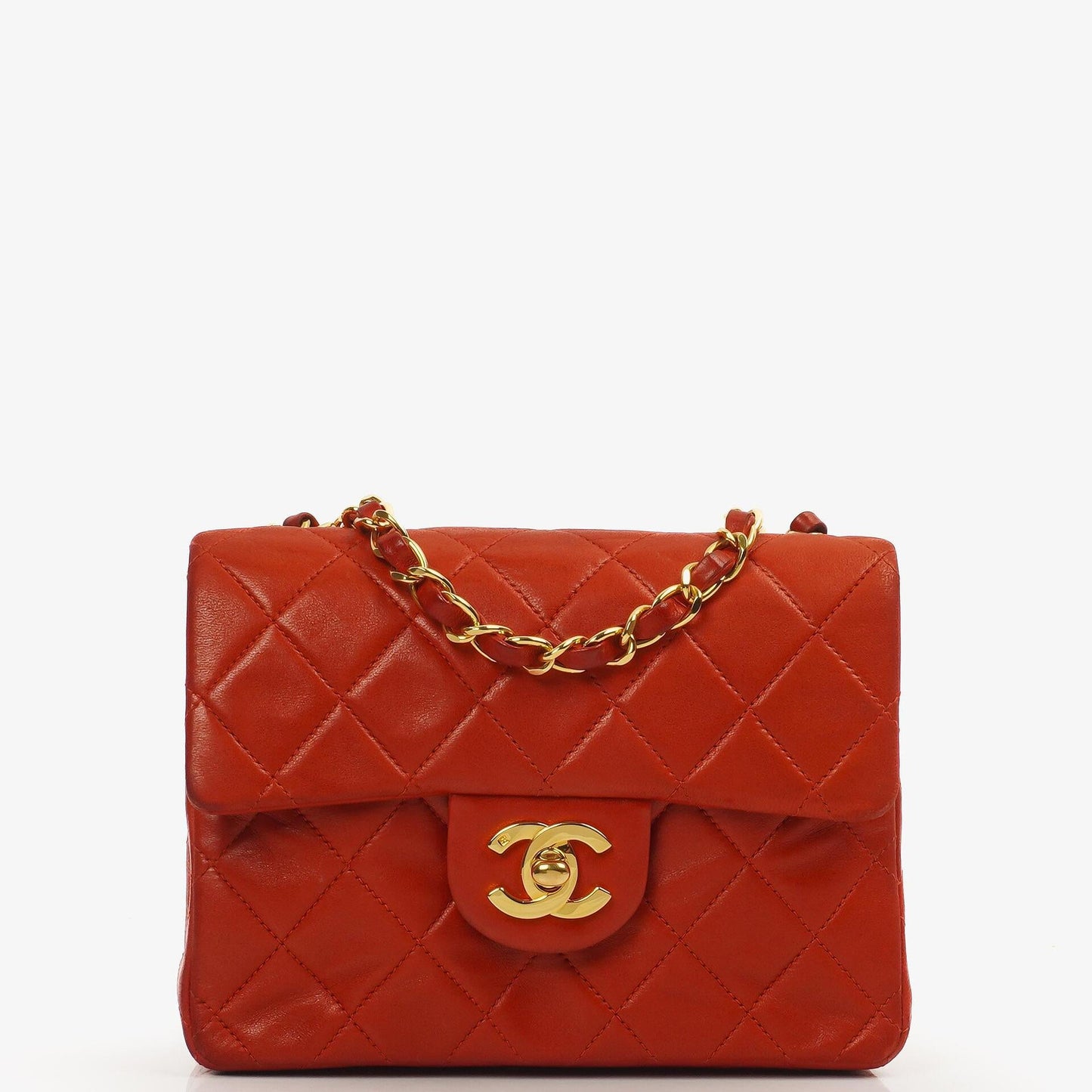 Chanel Mini Square Classic Flap Bag aus rotem gestepptem Lammleder mit 24K vergoldeten Beschlägen