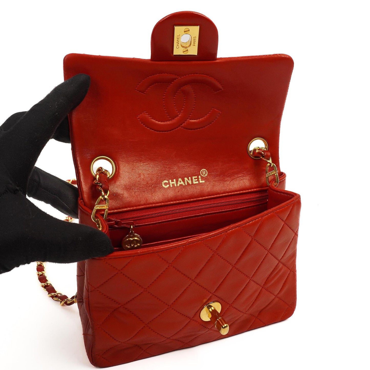 Chanel Mini Square Classic Flap Bag aus rotem gestepptem Lammleder mit 24K vergoldeten Beschlägen