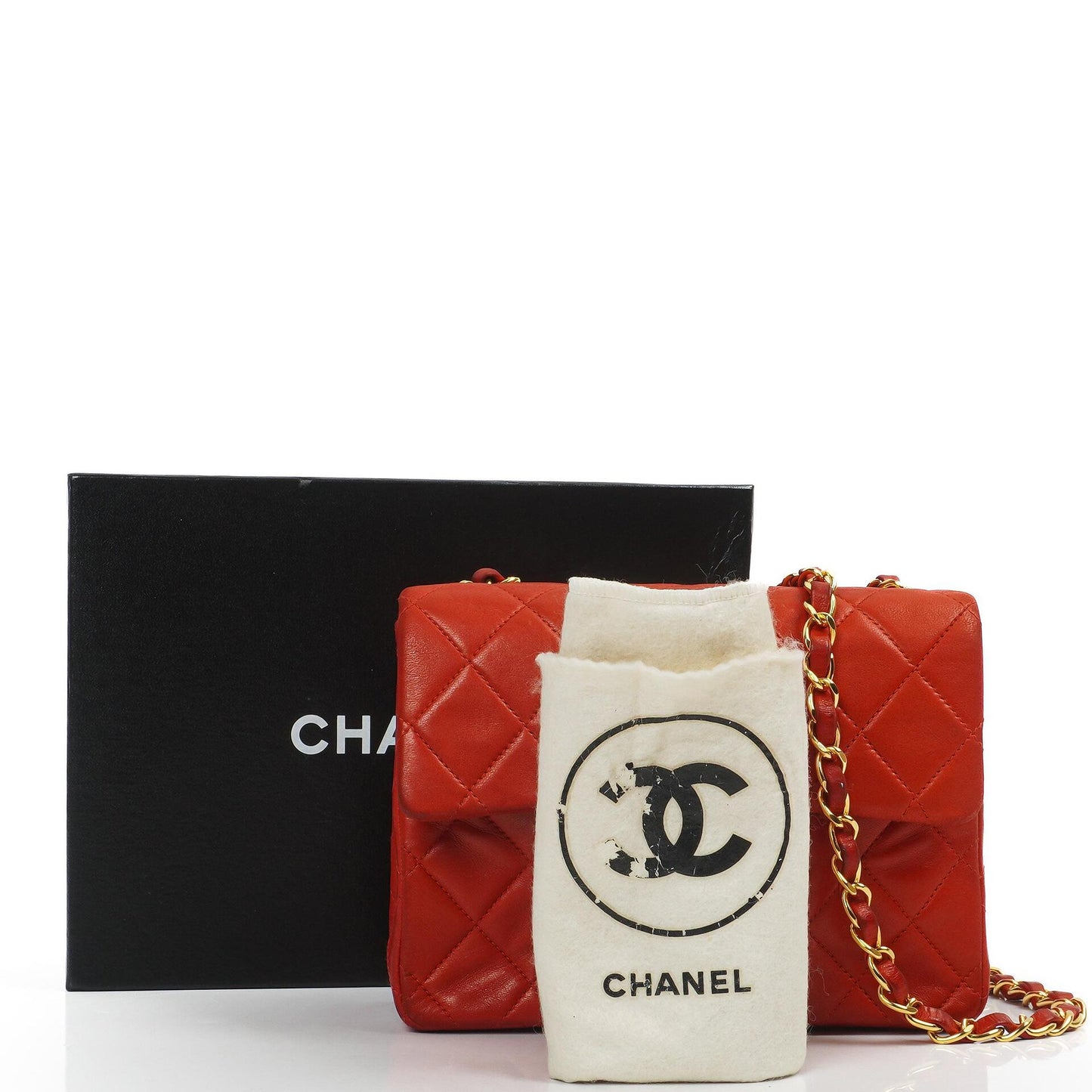Chanel Mini Square Classic Flap Bag aus rotem gestepptem Lammleder mit 24K vergoldeten Beschlägen
