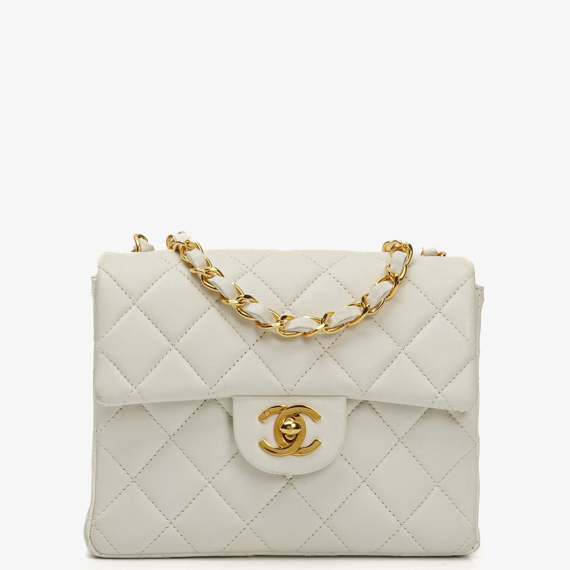 Chanel Mini Square Classic Flap Tasche Weiß Stepp-Lammleder mit 24K vergoldeten Beschlägen, 1997-199