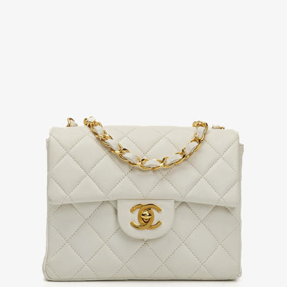 Chanel Mini Square Classic Flap Tasche Weiß Stepp-Lammleder mit 24K vergoldeten Beschlägen, 1997-199