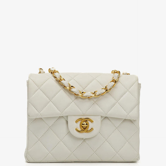 Chanel Mini Square Classic Flap Tasche Weiß Stepp-Lammleder mit 24K vergoldeten Beschlägen, 1997-199
