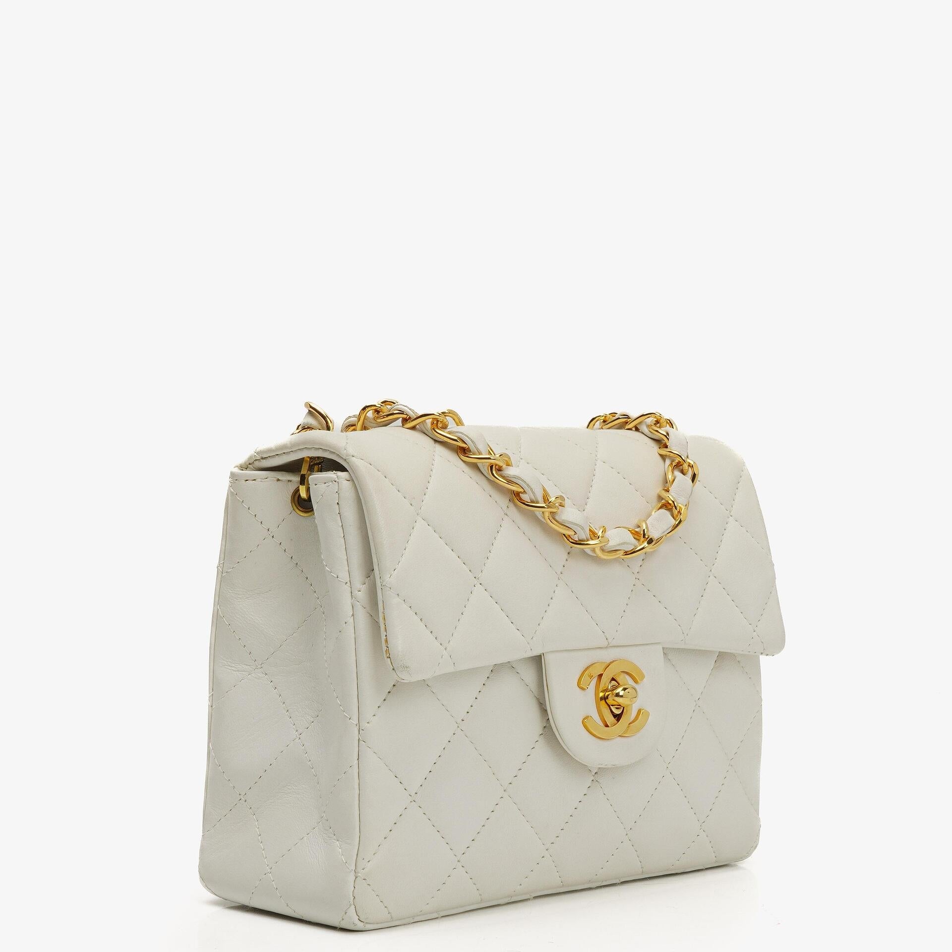 Chanel Mini Square Classic Flap Tasche Weiß Stepp-Lammleder mit 24K vergoldeten Beschlägen, 1997-199