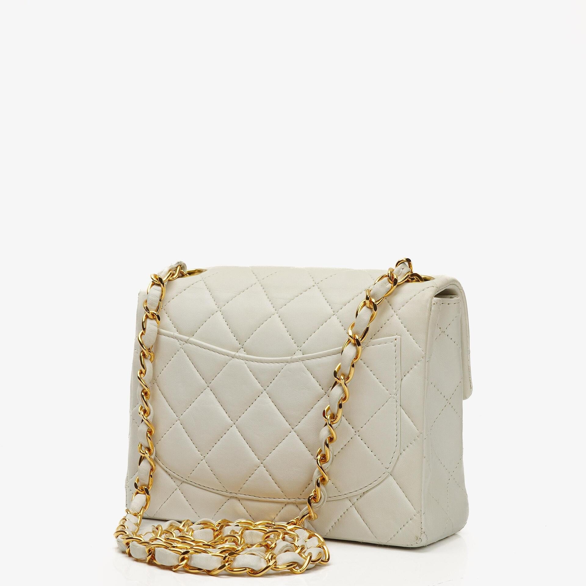 Chanel Mini Square Classic Flap Tasche Weiß Stepp-Lammleder mit 24K vergoldeten Beschlägen, 1997-199