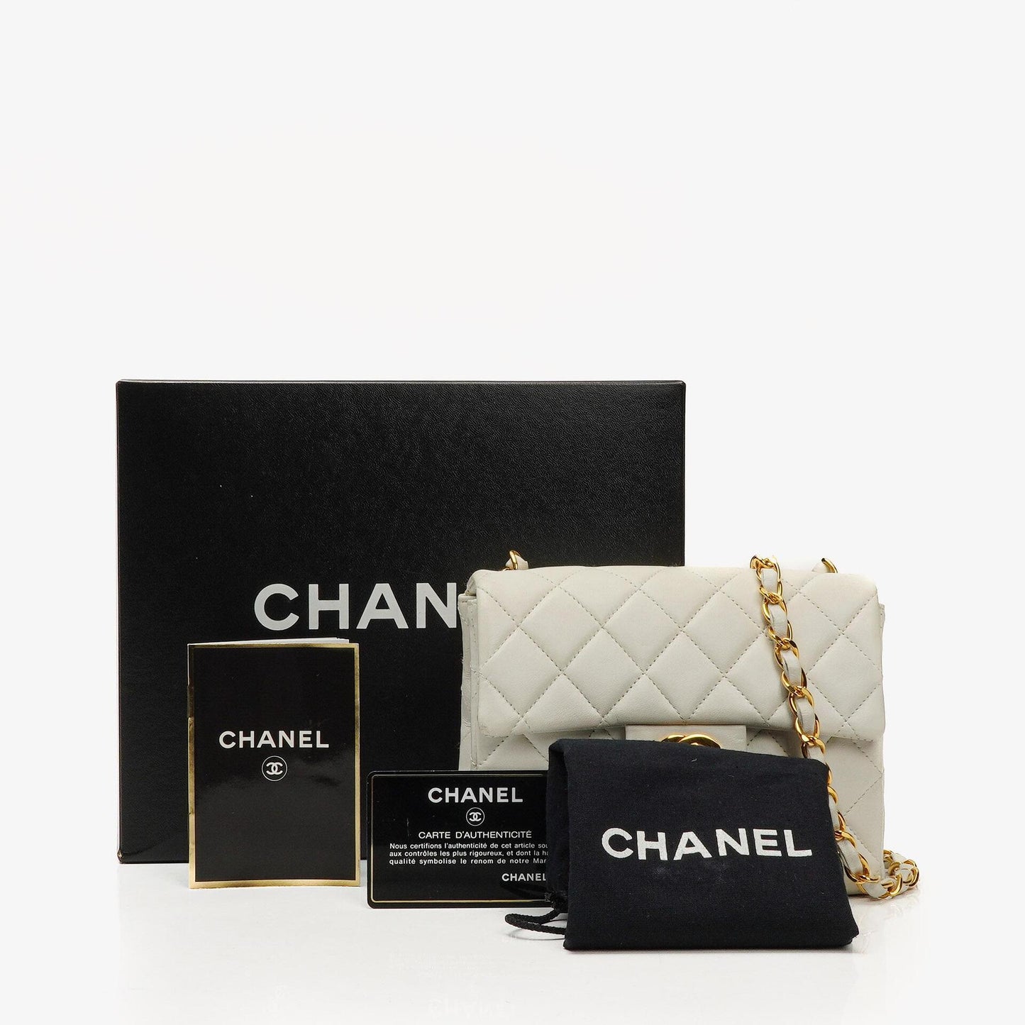 Chanel Mini Square Classic Flap Tasche Weiß Stepp-Lammleder mit 24K vergoldeten Beschlägen, 1997-199