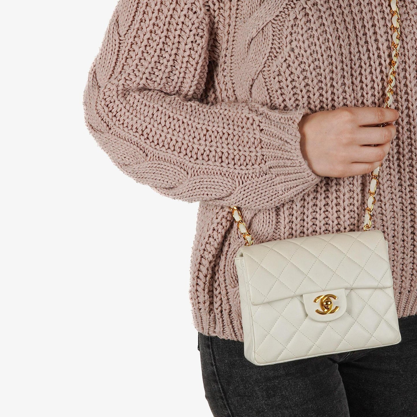 Chanel Mini Square Classic Flap Tasche Weiß Stepp-Lammleder mit 24K vergoldeten Beschlägen, 1997-199
