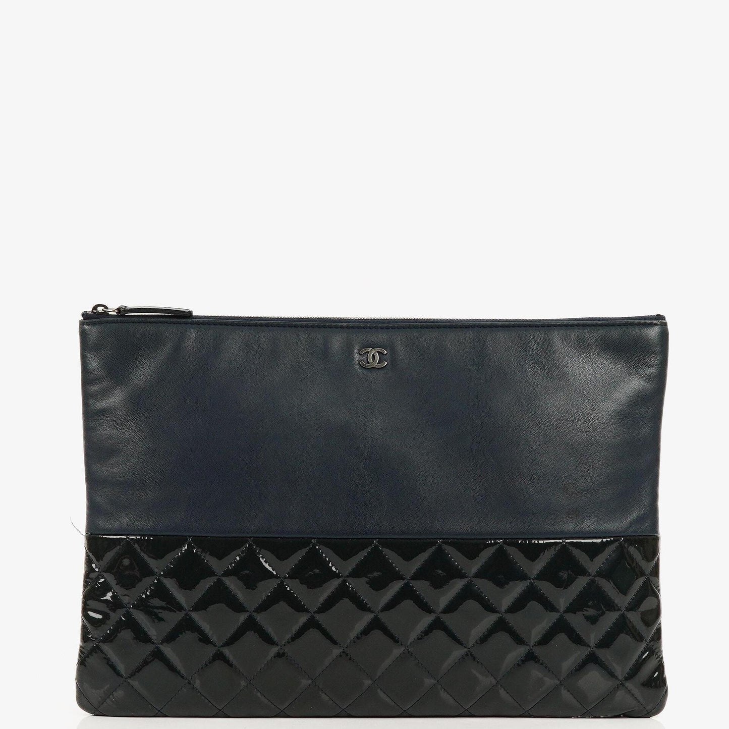 Chanel Große Kosmetiktasche aus marineblauem Lammleder und olivgrünem gestepptem Lackleder, 2014