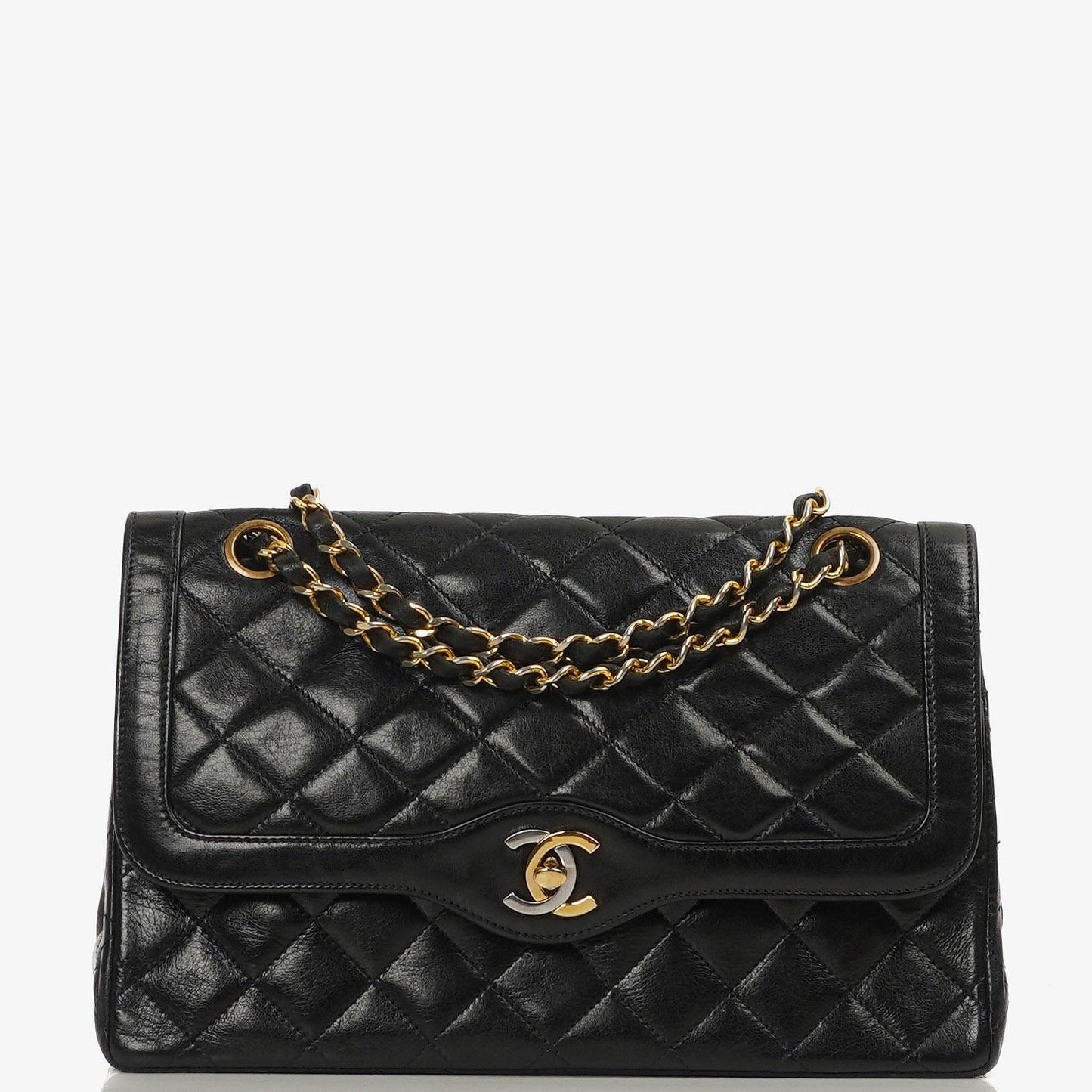 Chanel Paris Klassische Mittlere Doppelklappen Tasche Schwarze Gequiltete Lammleder Mit Gold- & Silberfarbenem Zubehör
