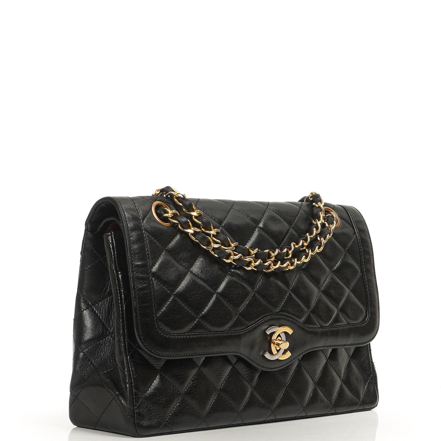 Chanel Paris Klassische Mittlere Doppelklappen Tasche Schwarze Gequiltete Lammleder Mit Gold- & Silberfarbenem Zubehör
