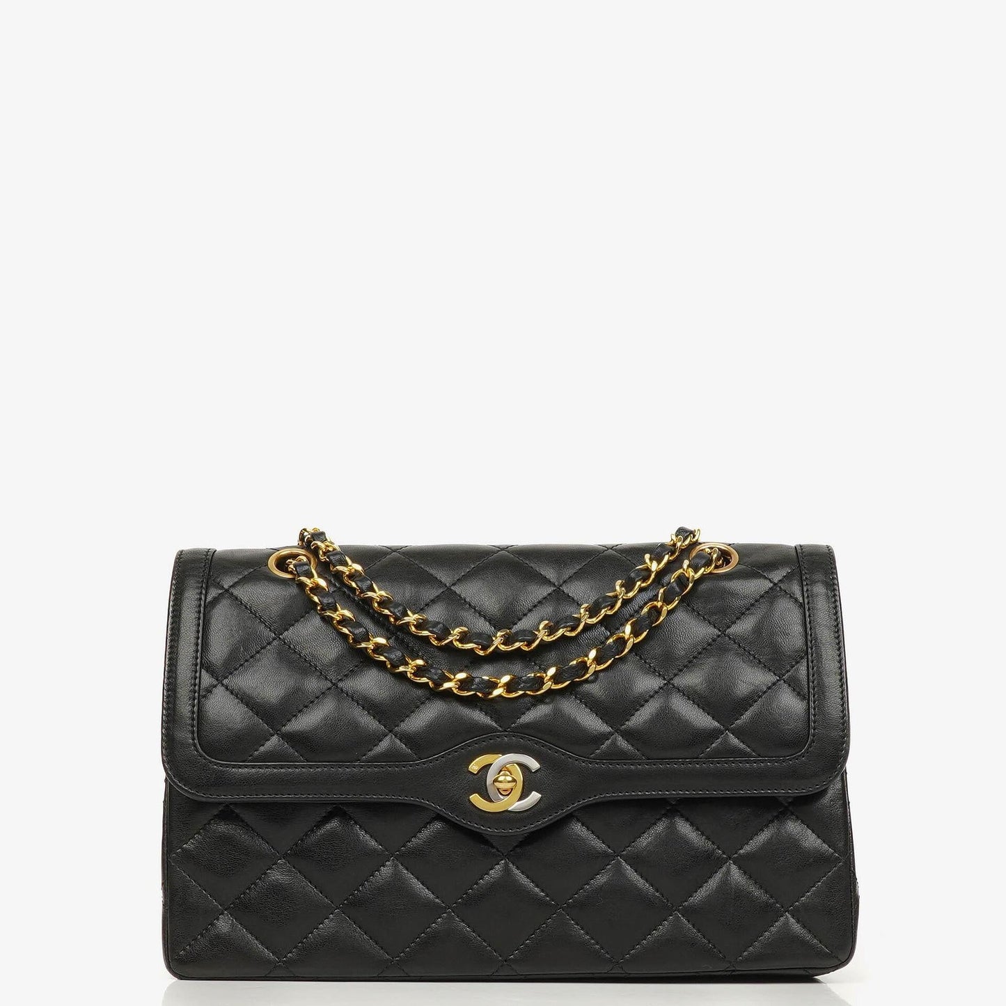 Chanel Paris Classic Medium Double Flap Bag aus schwarzem gestepptem Lammleder mit gold- und silberfarbener Hardware