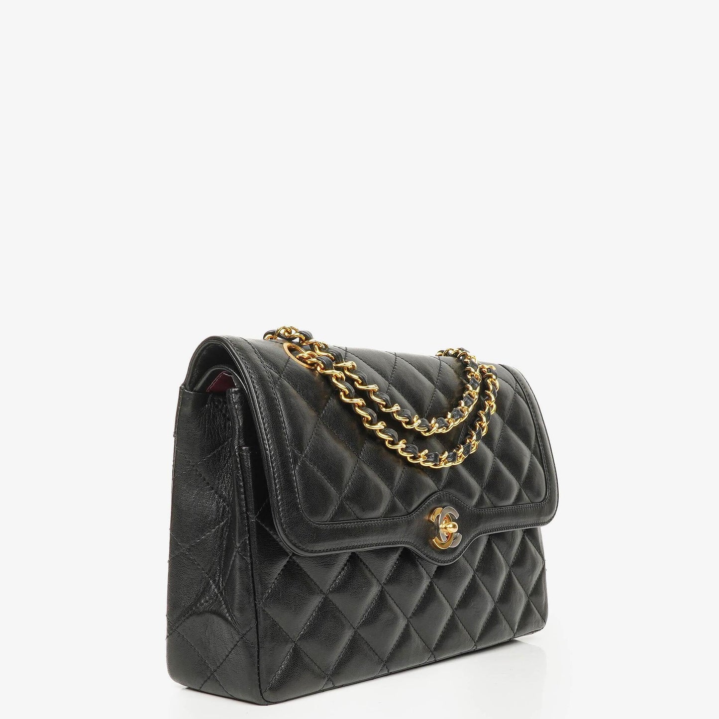 Chanel Paris Classic Medium Double Flap Bag aus schwarzem gestepptem Lammleder mit gold- und silberfarbener Hardware