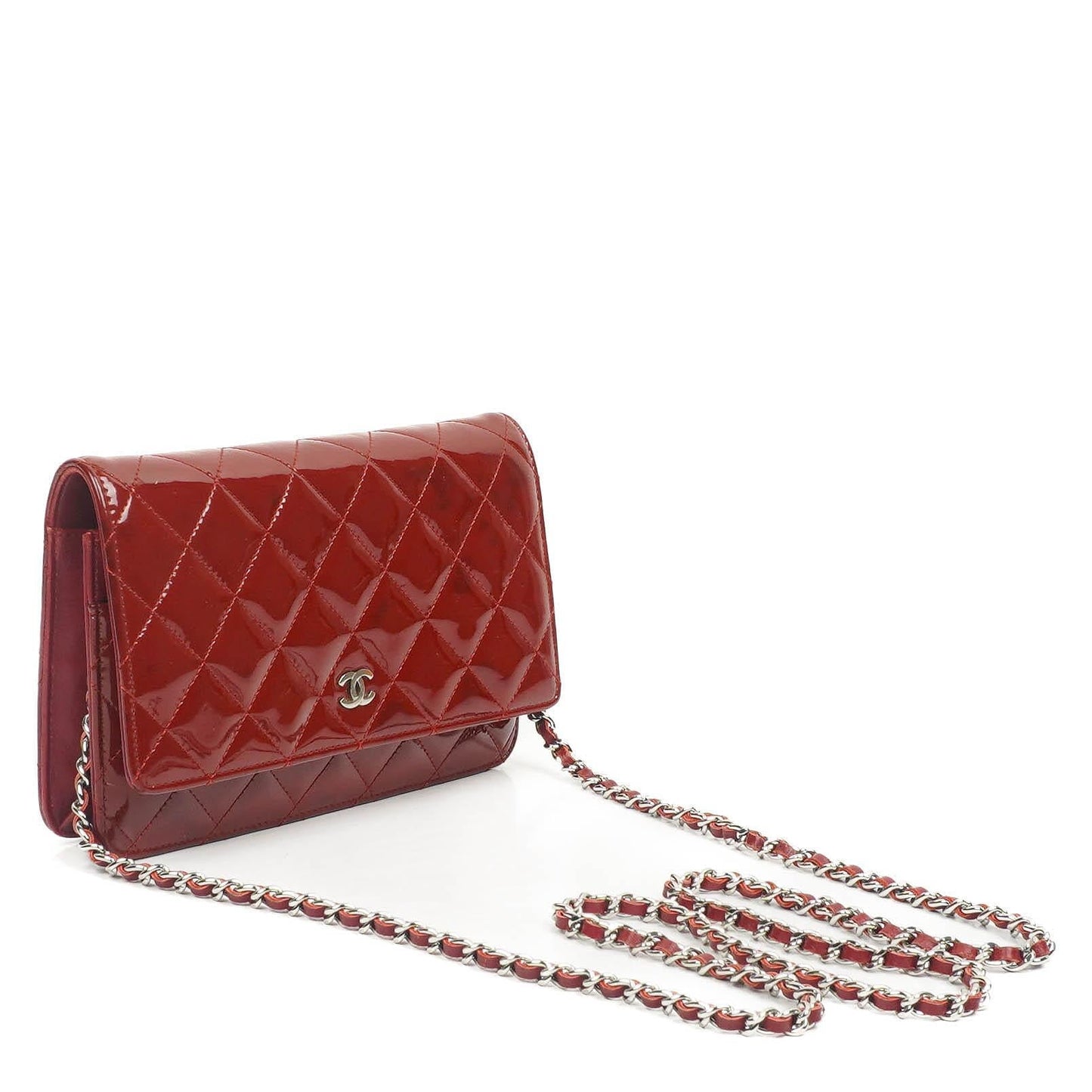 Chanel Lack Gepolsterte Geldbörse mit Kette WOC Rot