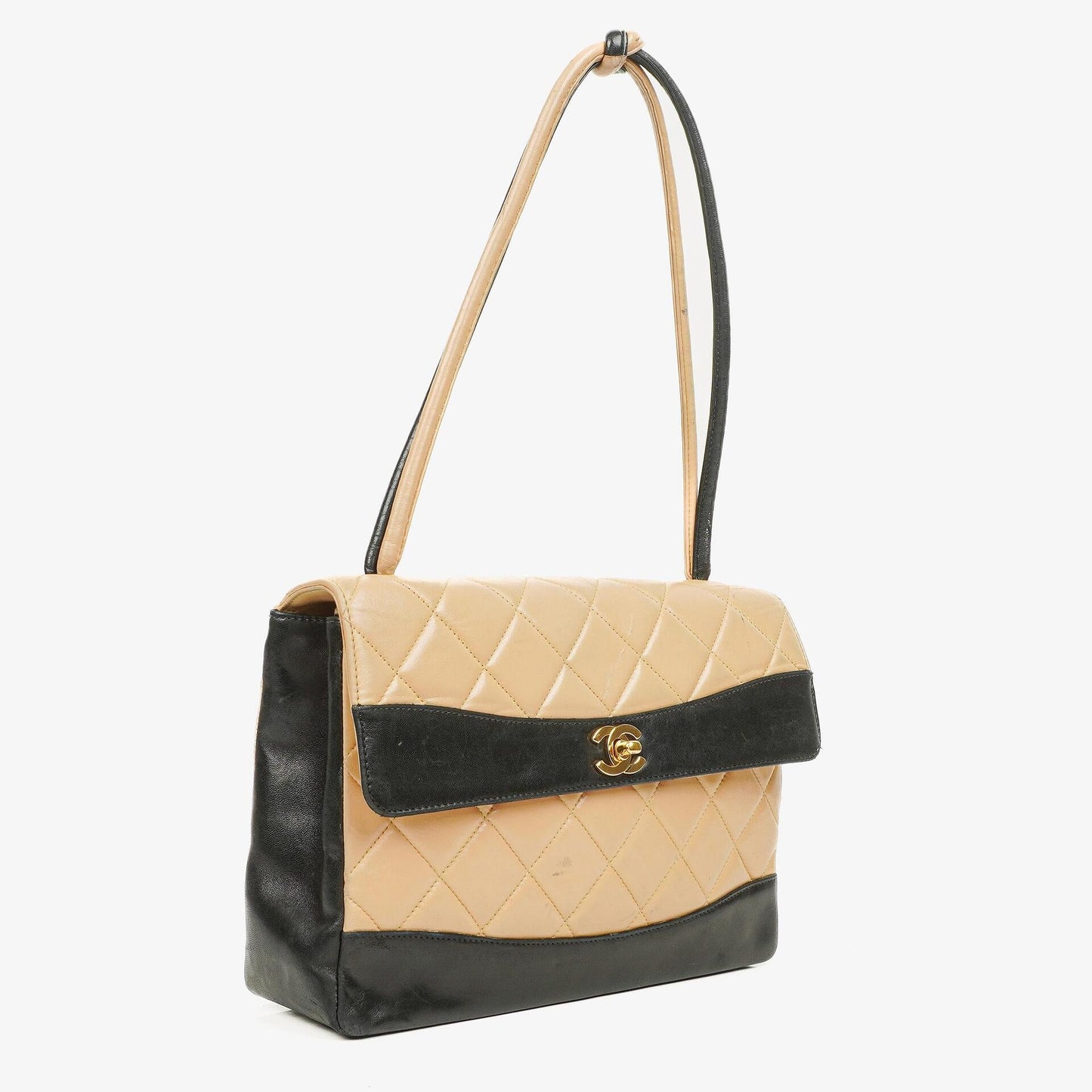 Chanel Gestepptes Lammleder Beige Schwarz Single Flap