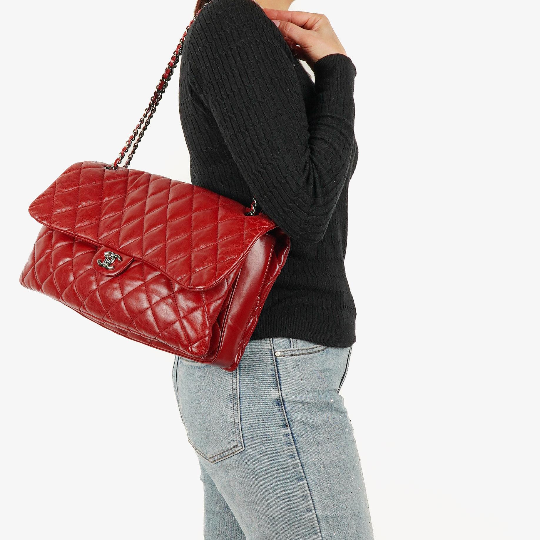 Chanel Maxi 3 Accordion Flap Tasche in Rot aus Lammleder