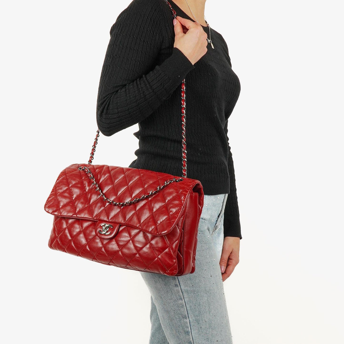 Chanel Maxi 3 Accordion Flap Tasche in Rot aus Lammleder