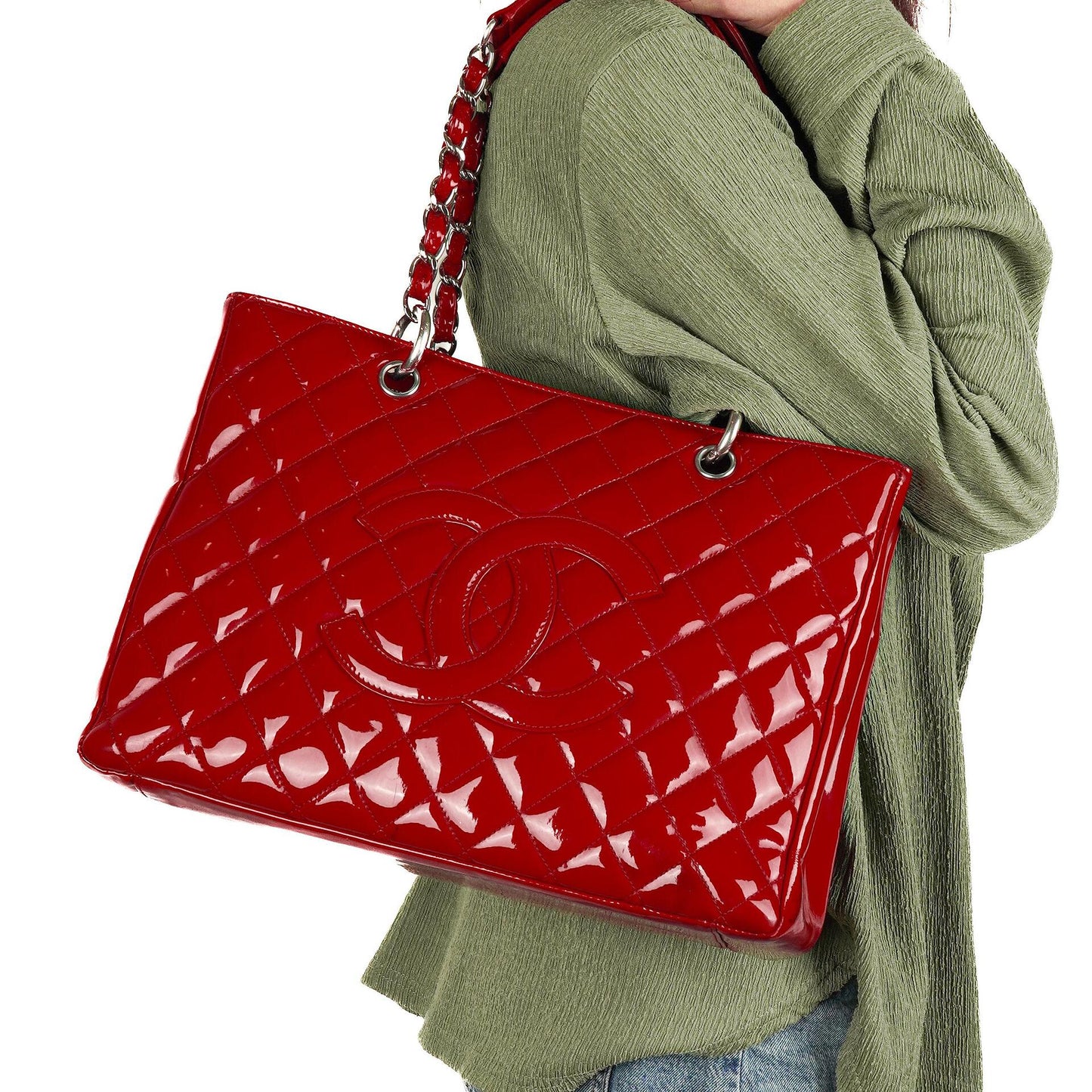Chanel Grand Shopping Tote aus rotem gestepptem Lackleder