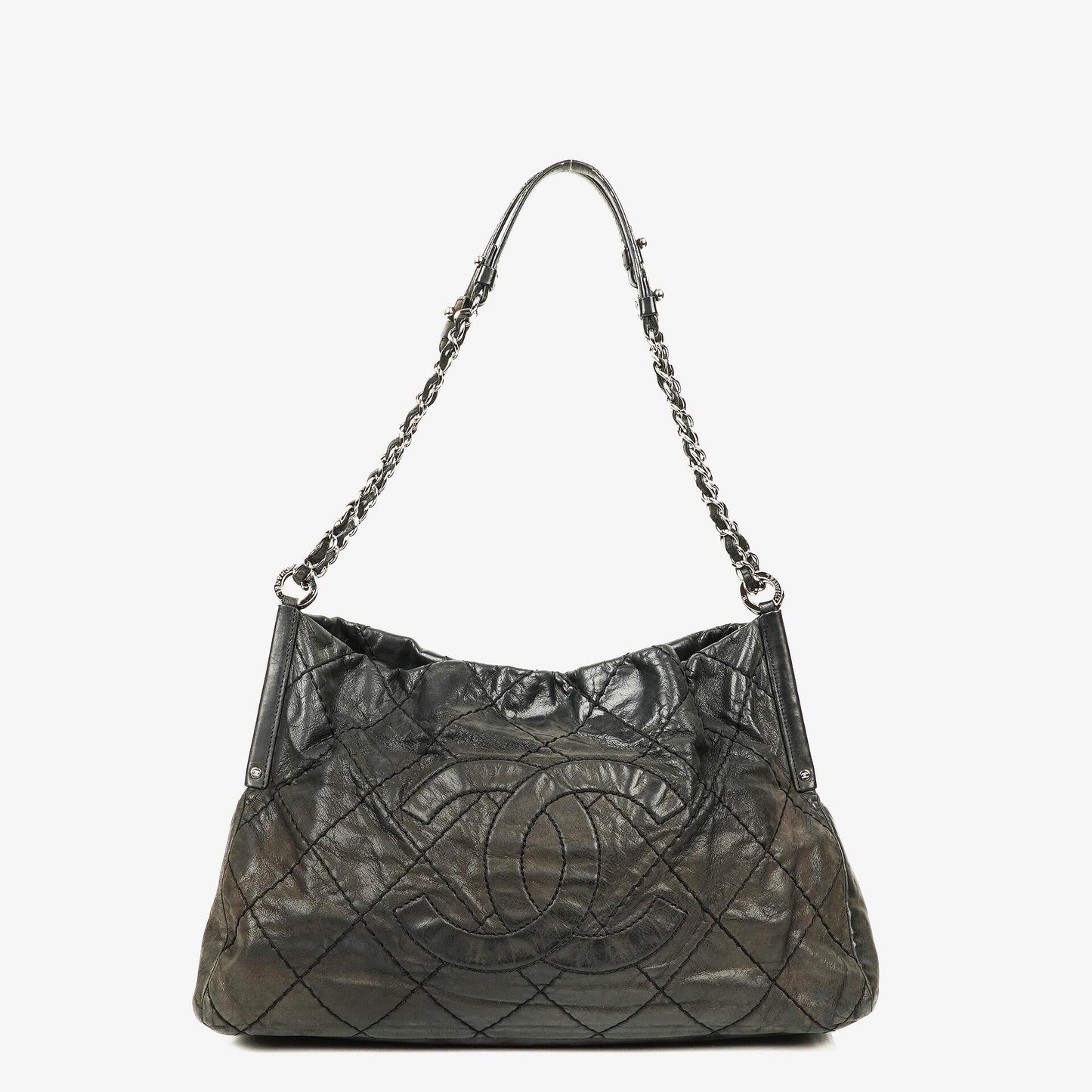 Chanel Sea Hit Medium Schultertasche aus schwarzem gestepptem schillerndem Kalbsleder