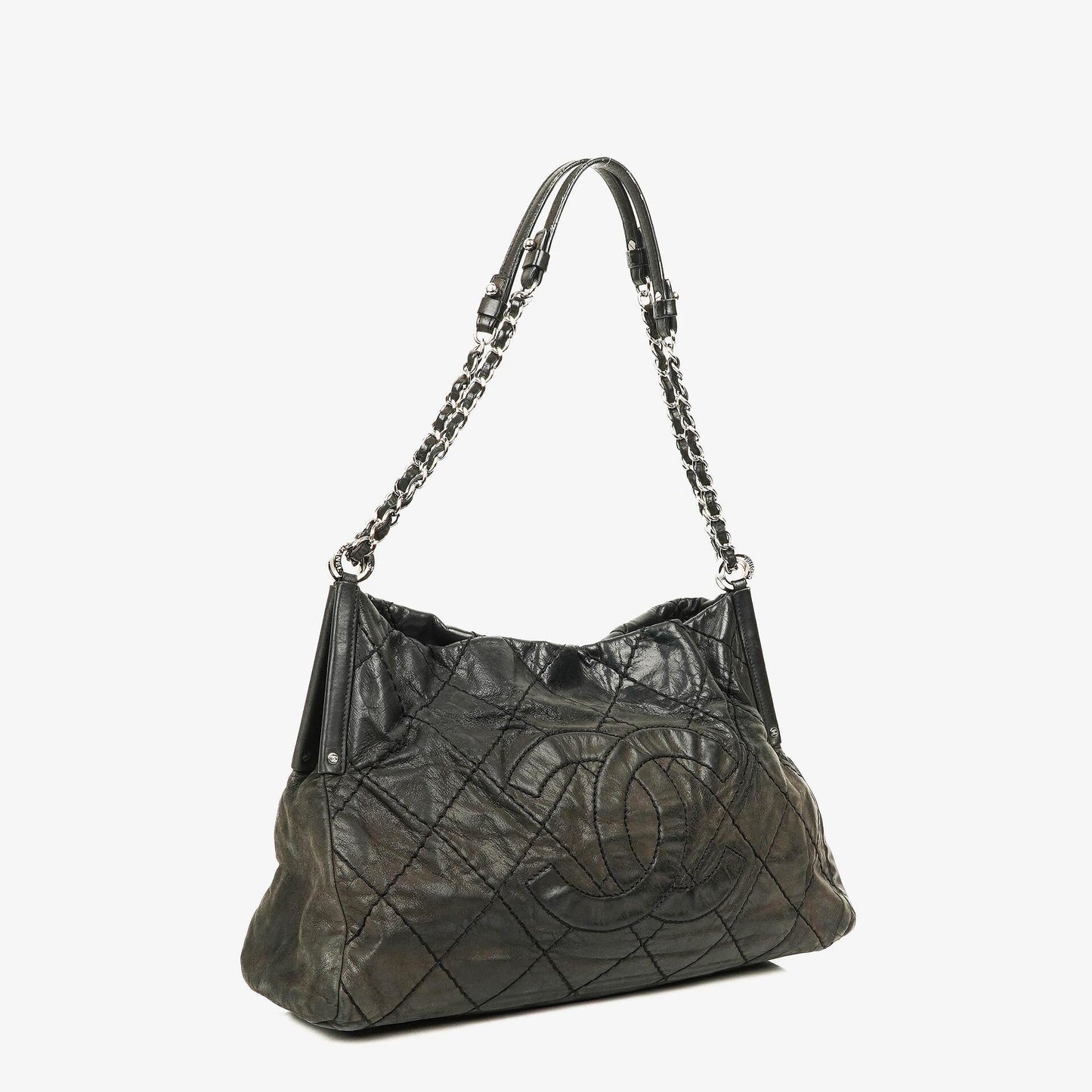 Chanel Sea Hit Medium Schultertasche aus schwarzem gestepptem schillerndem Kalbsleder