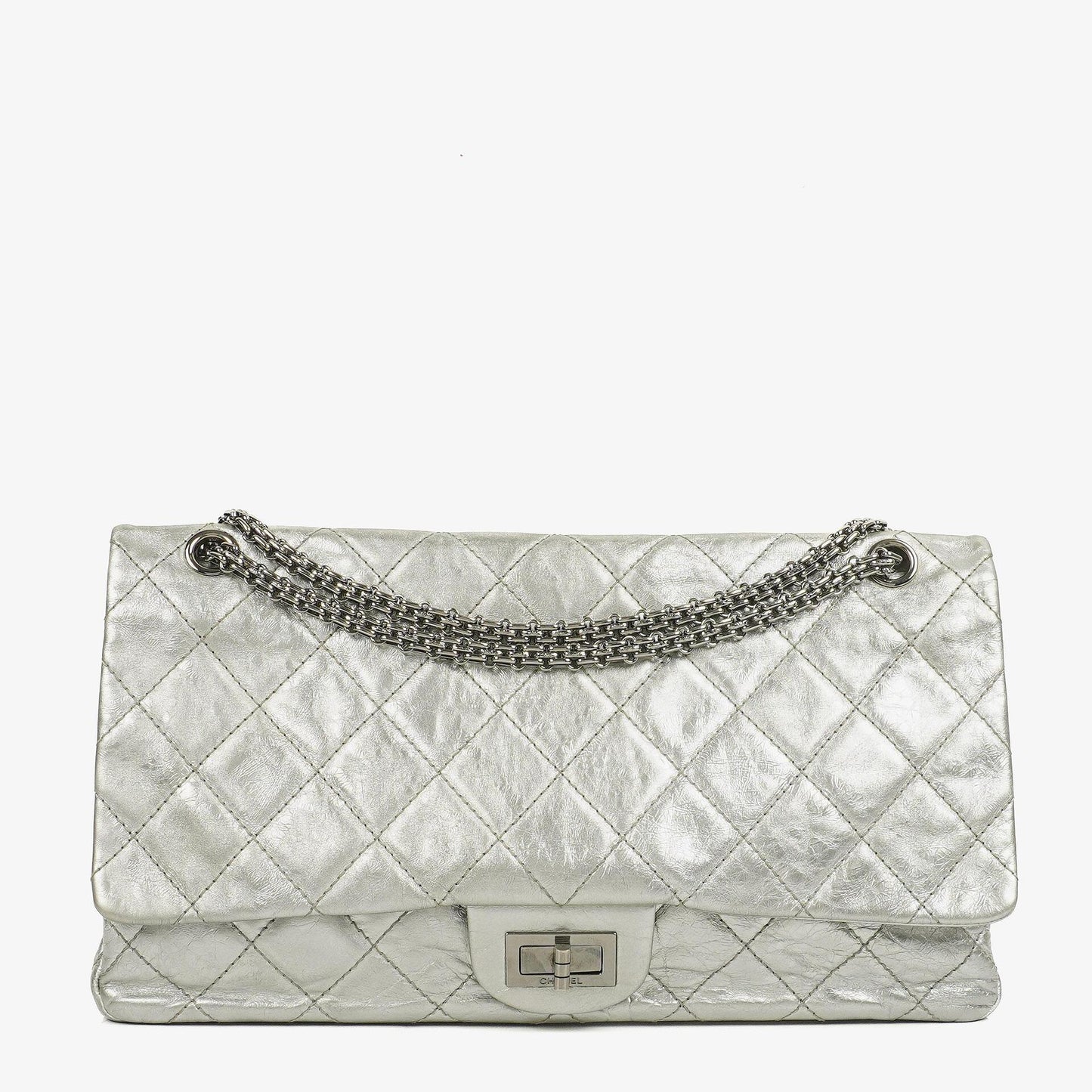 Chanel 2.55 Reissue 227 Klappentasche aus silberfarbenem Metallic-Steppkalbsleder
