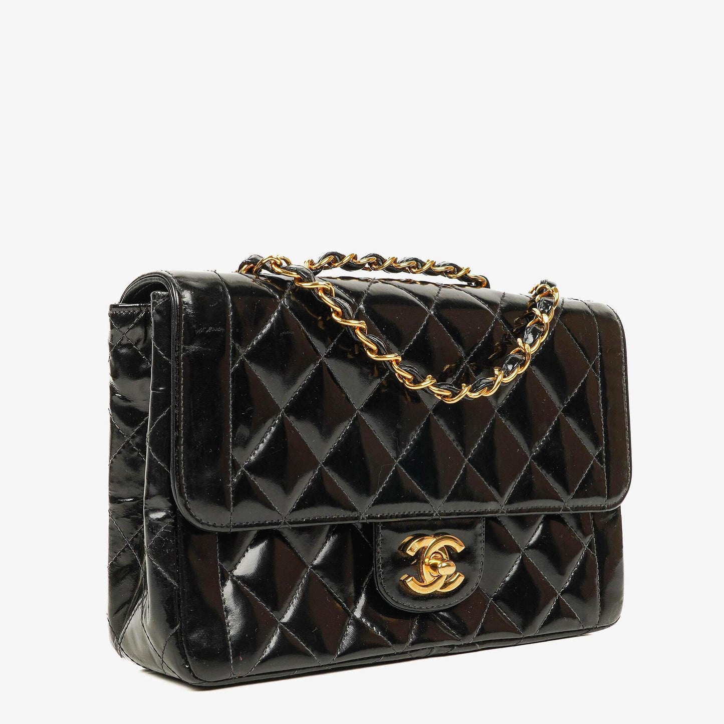 Chanel Single Flap Bag aus schwarzem gestepptem Lackleder mit 24K vergoldeten Beschlägen