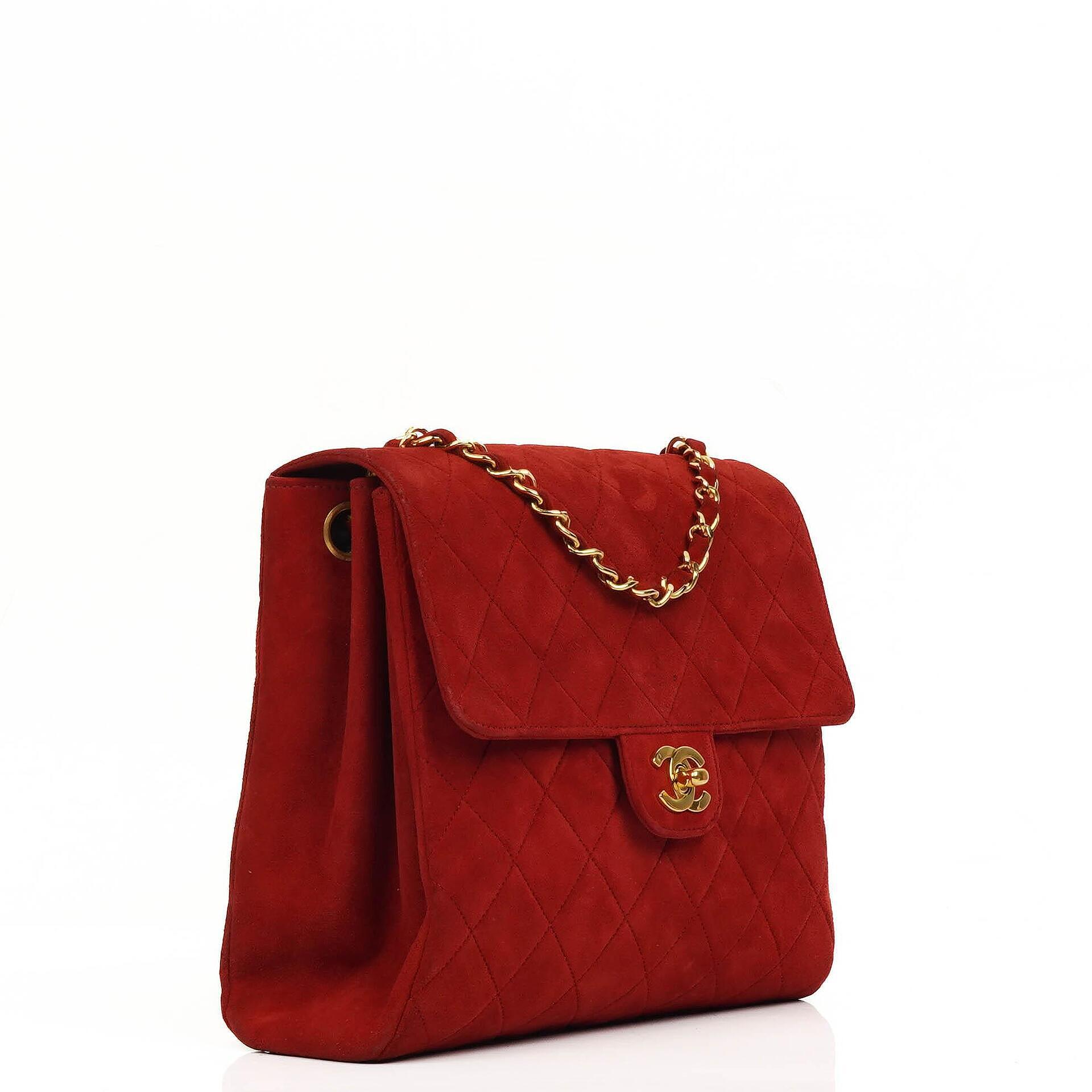 Chanel Single Flap Tasche aus rotem gestepptem Wildleder mit 24K vergoldeter Hardware