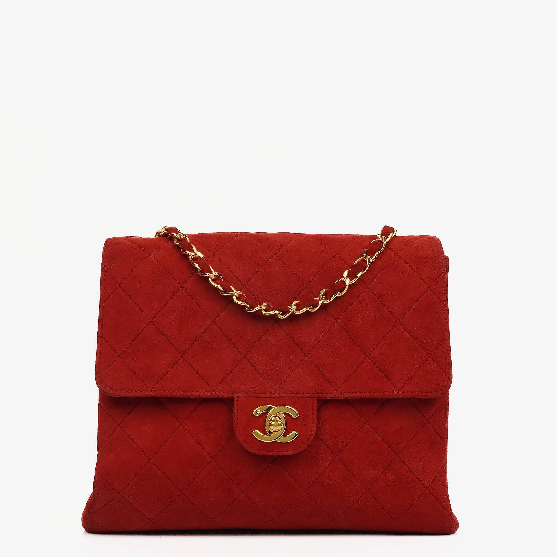 Chanel Single Flap Tasche aus rotem gestepptem Wildleder mit 24K vergoldeter Hardware