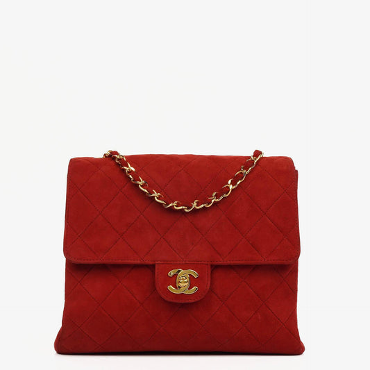 Chanel Single Flap Tasche aus rotem gestepptem Wildleder mit 24K vergoldeter Hardware