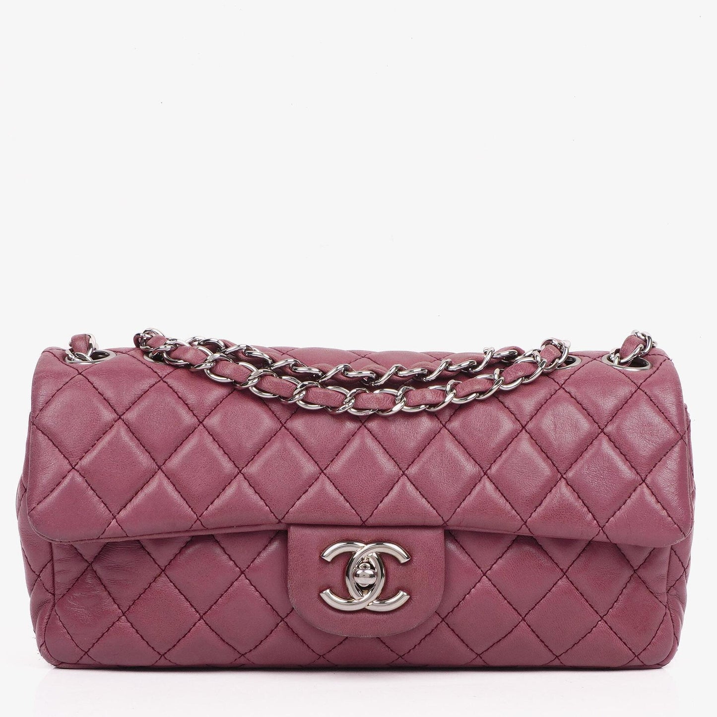 Chanel Single Flap Tasche aus rosafarbenem gestepptem Lammleder mit silberfarbenen Beschlägen