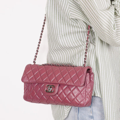 Chanel Single Flap Tasche aus rosafarbenem gestepptem Lammleder mit silberfarbenen Beschlägen