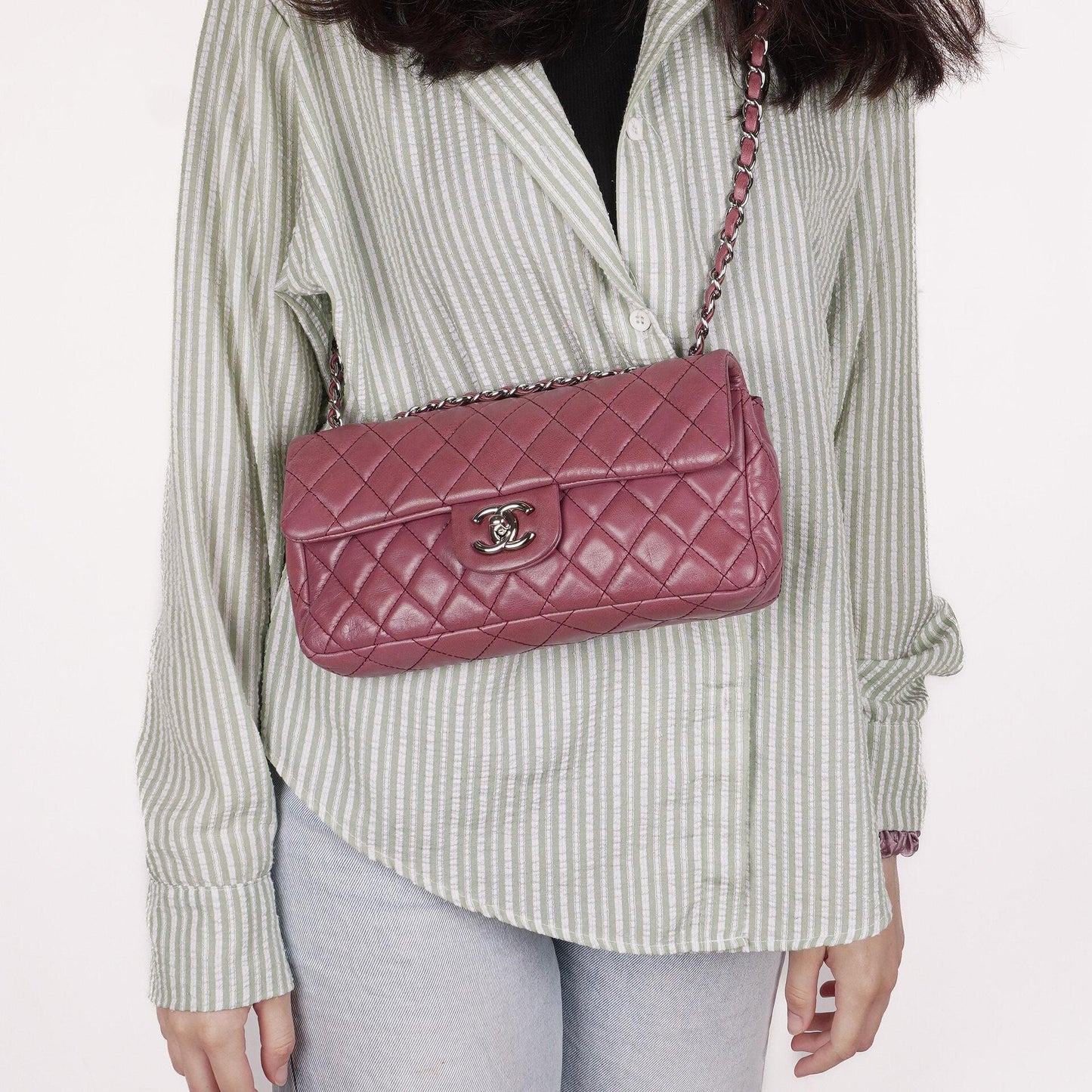 Chanel Single Flap Tasche aus rosafarbenem gestepptem Lammleder mit silberfarbenen Beschlägen
