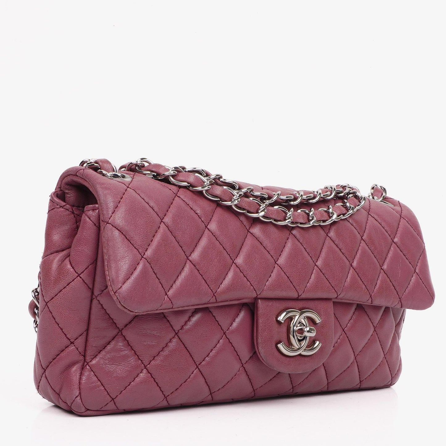 Chanel Single Flap Tasche aus rosafarbenem gestepptem Lammleder mit silberfarbenen Beschlägen