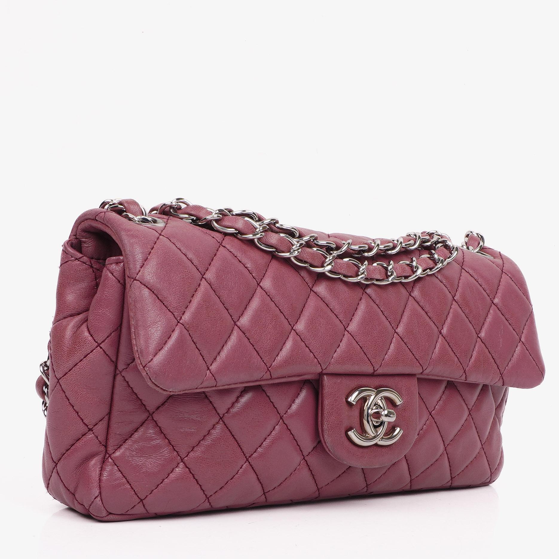 Chanel Single Flap Tasche aus rosafarbenem gestepptem Lammleder mit silberfarbenen Beschlägen