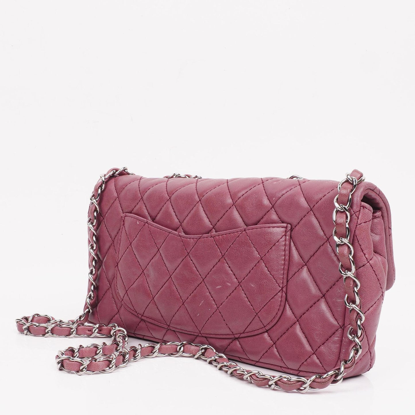 Chanel Single Flap Tasche aus rosafarbenem gestepptem Lammleder mit silberfarbenen Beschlägen