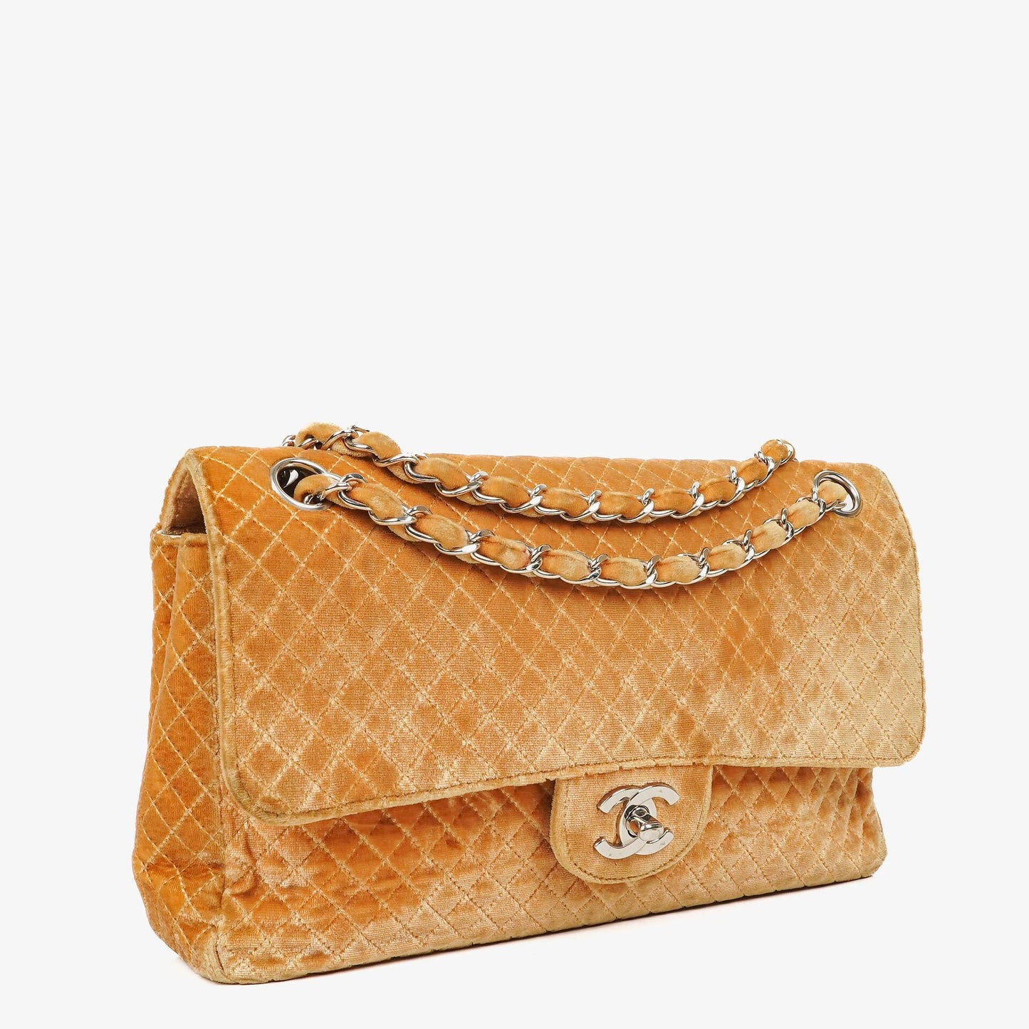 Chanel Single Flap Schultertasche aus gestepptem Samt mit silberfarbenen Beschlägen