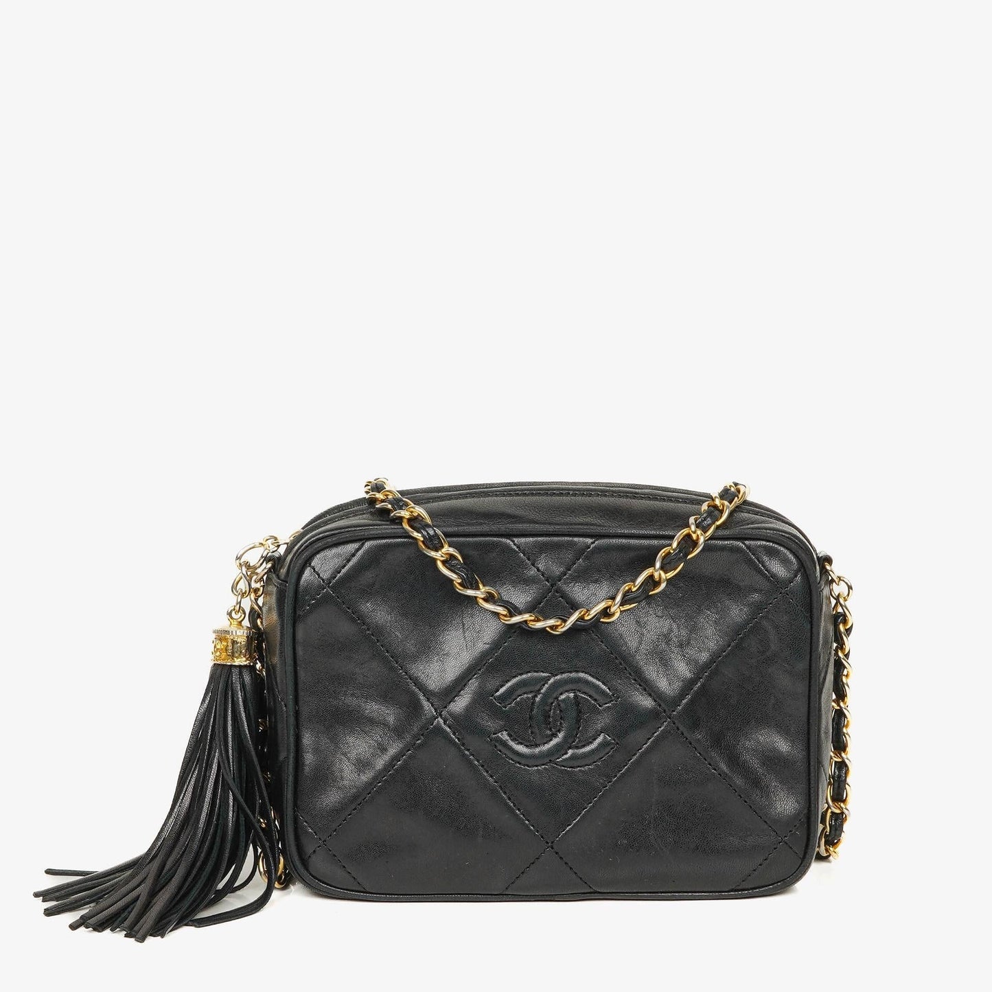 Chanel Kleine Camera Umhängetasche aus schwarzem Leder mit Quaste