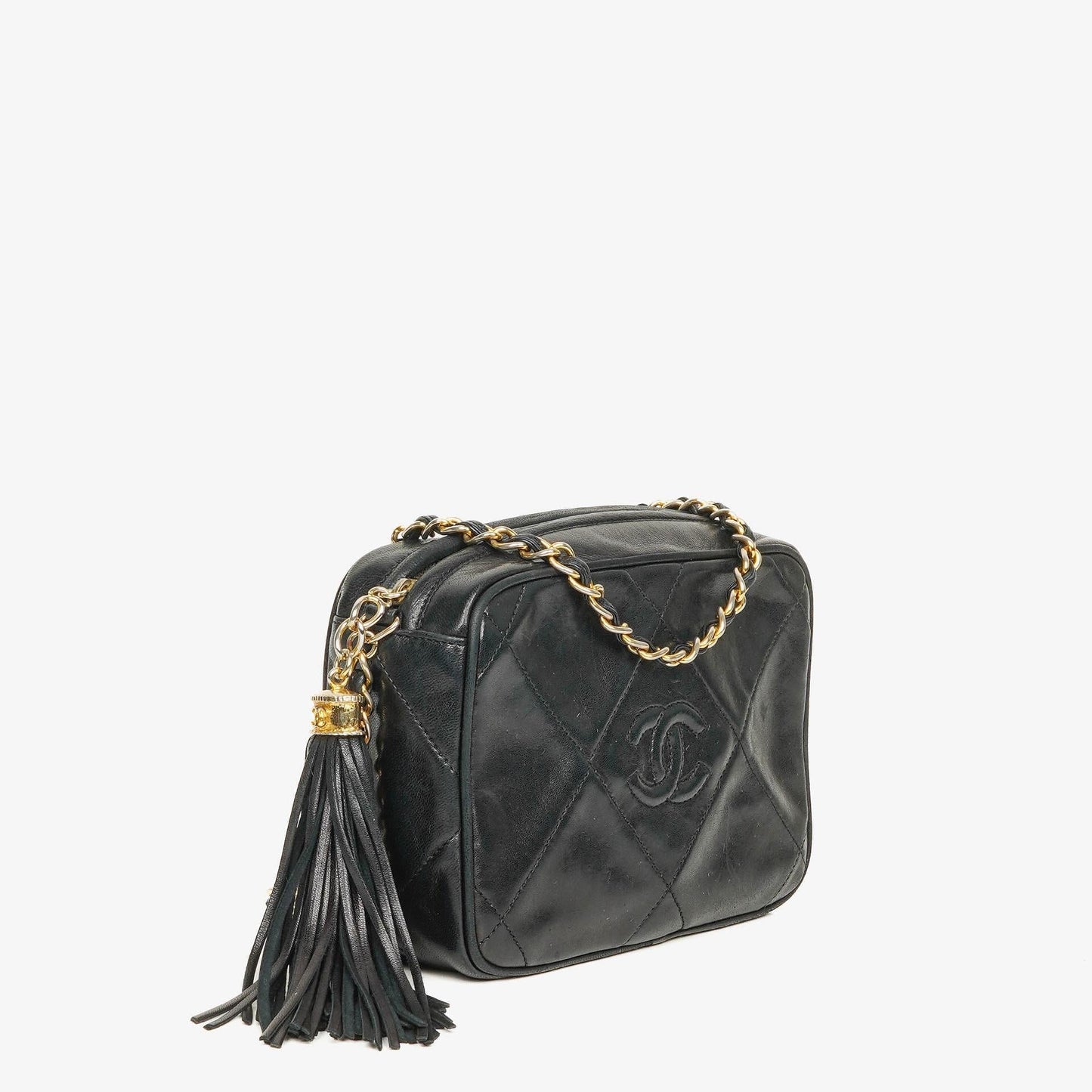 Chanel Kleine Camera Umhängetasche aus schwarzem Leder mit Quaste