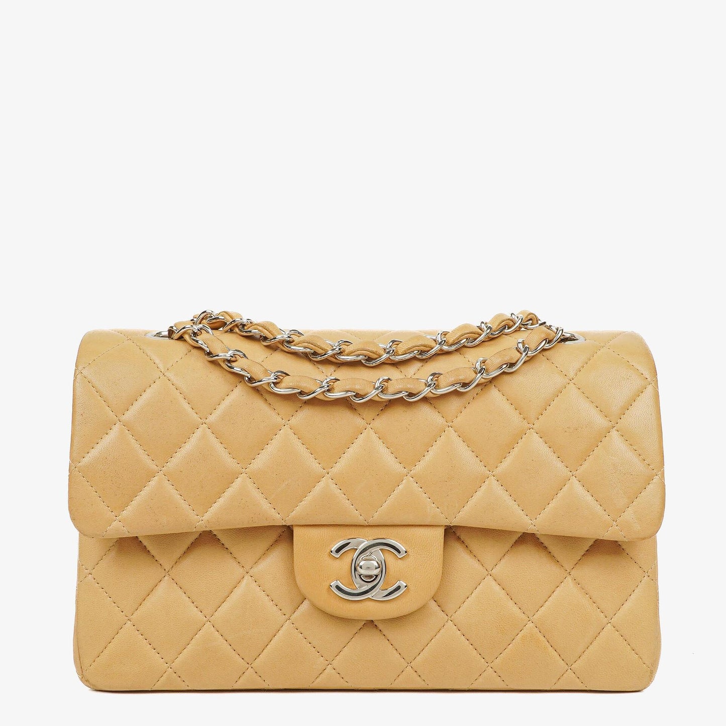 Chanel kleine Classic Double Flap Tasche aus beigem gestepptem Lammleder mit silberfarbener Hardware