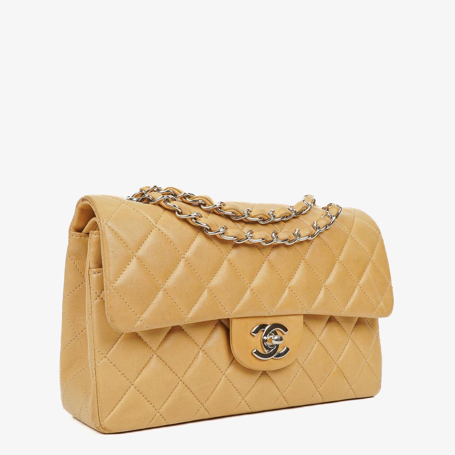 Chanel kleine Classic Double Flap Tasche aus beigem gestepptem Lammleder mit silberfarbener Hardware