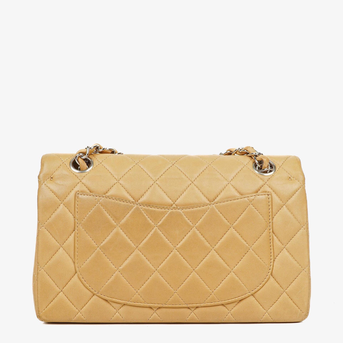 Chanel kleine Classic Double Flap Tasche aus beigem gestepptem Lammleder mit silberfarbener Hardware